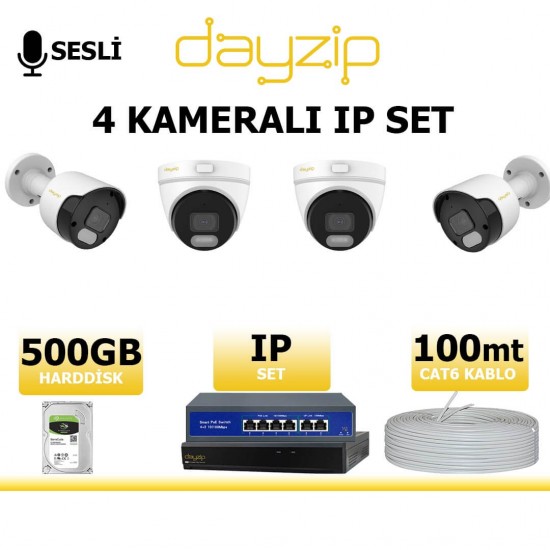 Dayzip 2MP 4 kamerali IP kamera seti sesli bullet dome PoE sistem